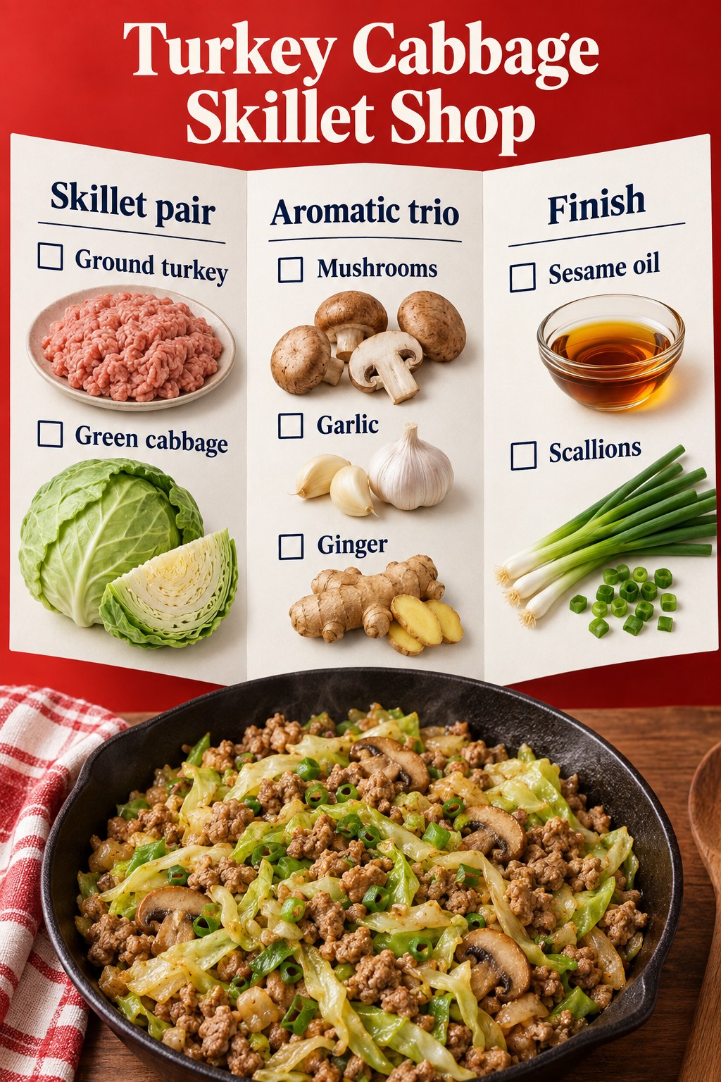 Red and white folded grocery panels listing ground turkey, green cabbage, mushrooms, garlic, ginger, sesame oil and scallions.