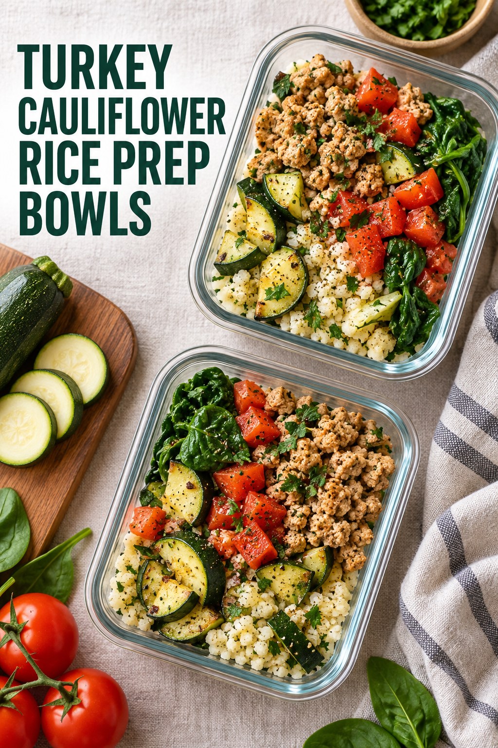 Two servings of turkey cauliflower rice prep bowls made with turkey, cauliflower rice, and vegetables.