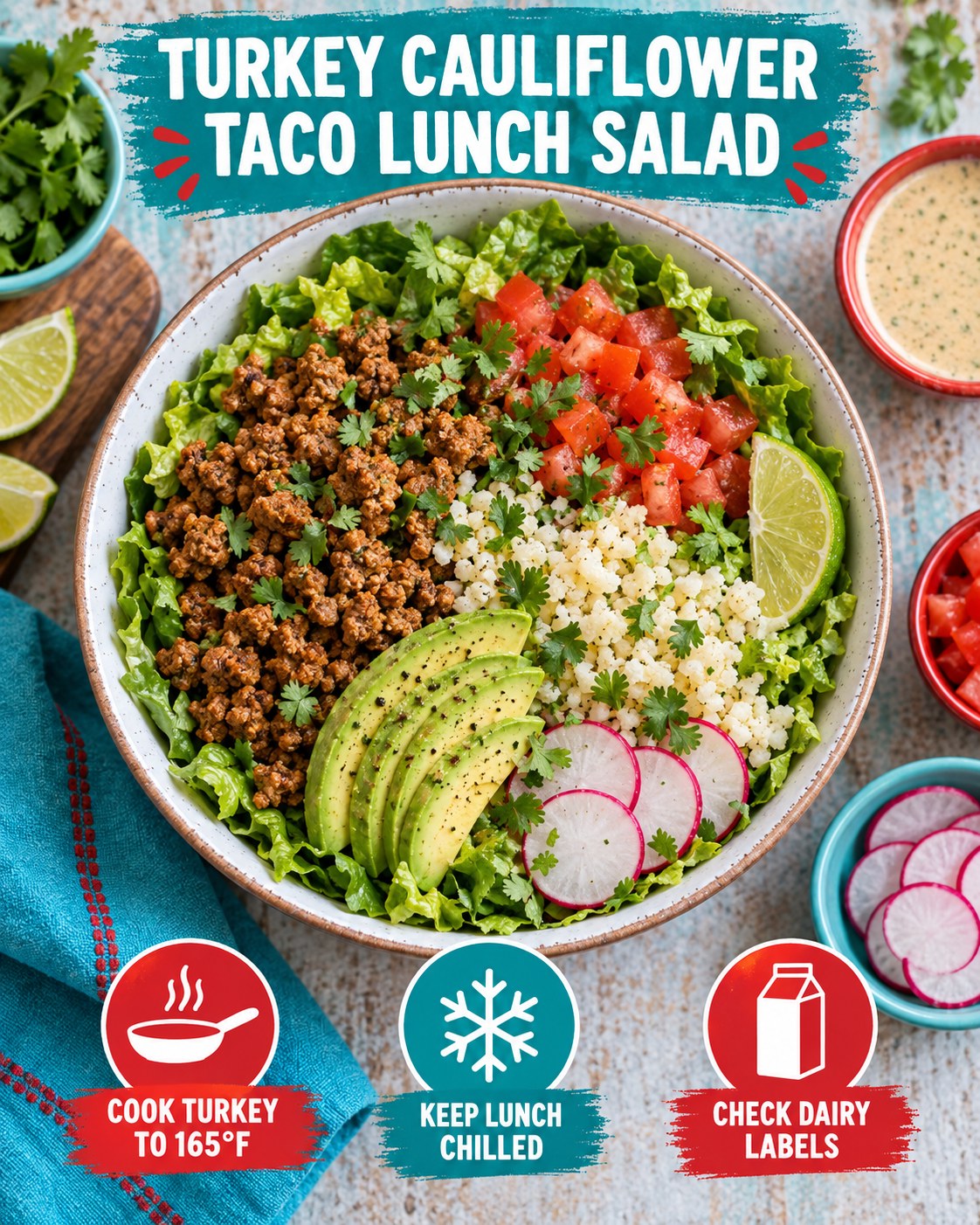 Turkey cauliflower taco lunch salad with lettuce, tomato, avocado, radish, cilantro, and lime