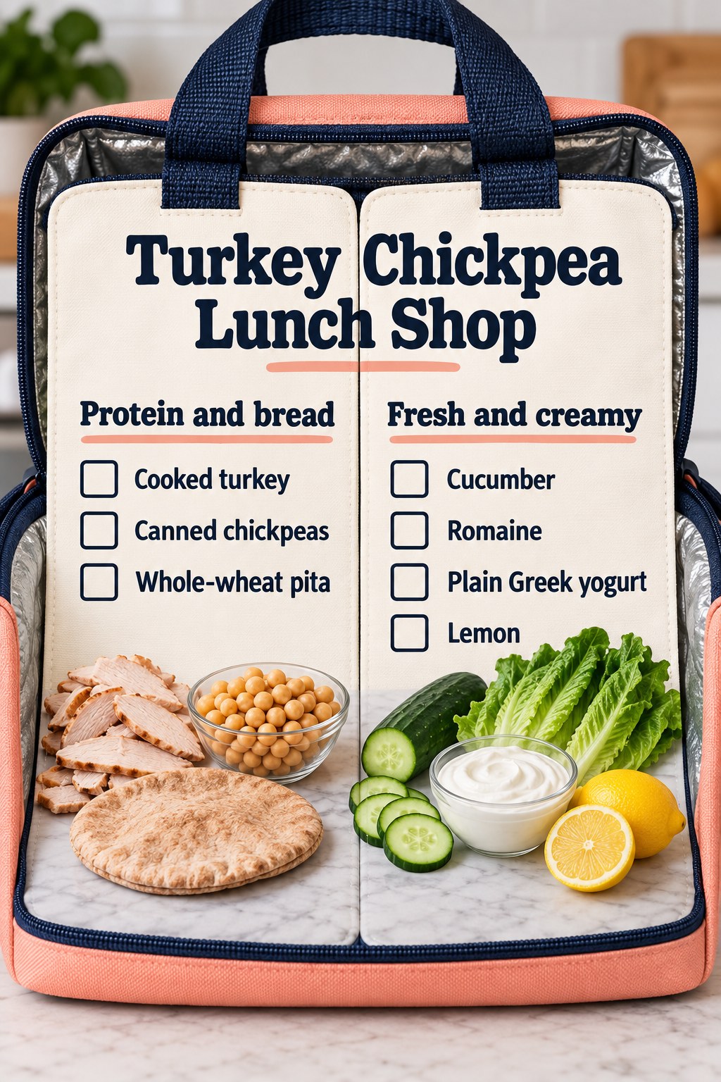 Peach and navy lunch tote checklist with cooked turkey, chickpeas, pita, cucumber, romaine, yogurt and lemon.