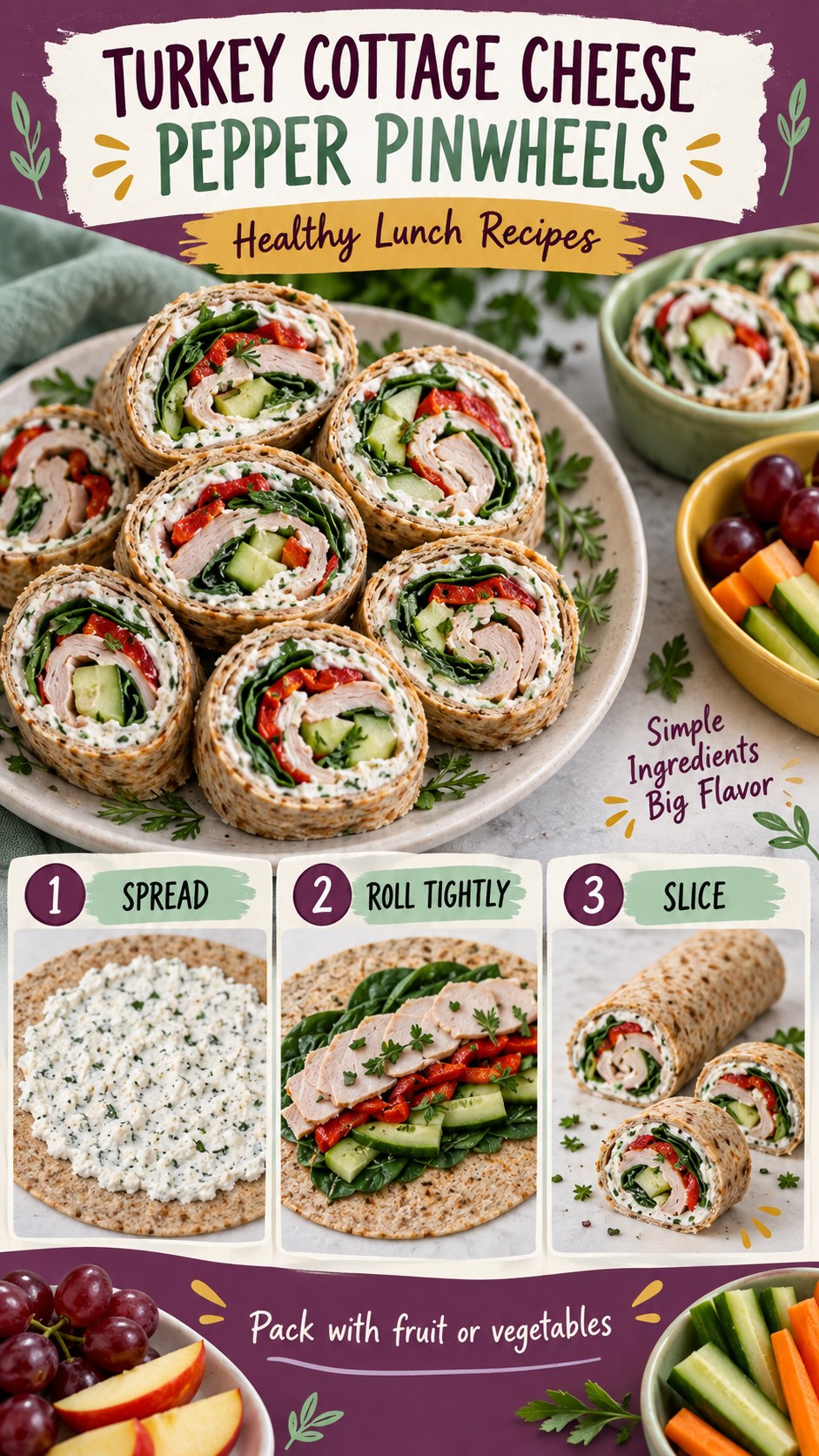 Plum and mint infographic showing whole-grain pinwheels filled with cooked turkey, cottage cheese, roasted peppers, spinach, cucumber, and herbs