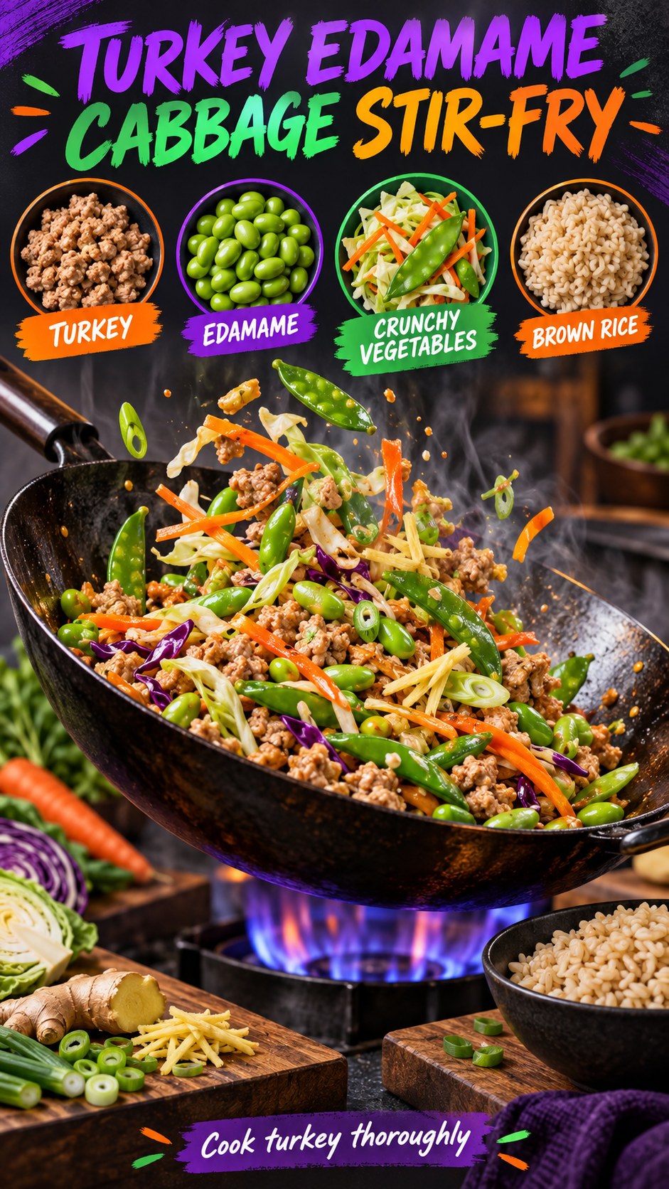 Violet and jade infographic showing a wok with cooked turkey, edamame, cabbage, carrots, snap peas, scallions, ginger, and brown rice