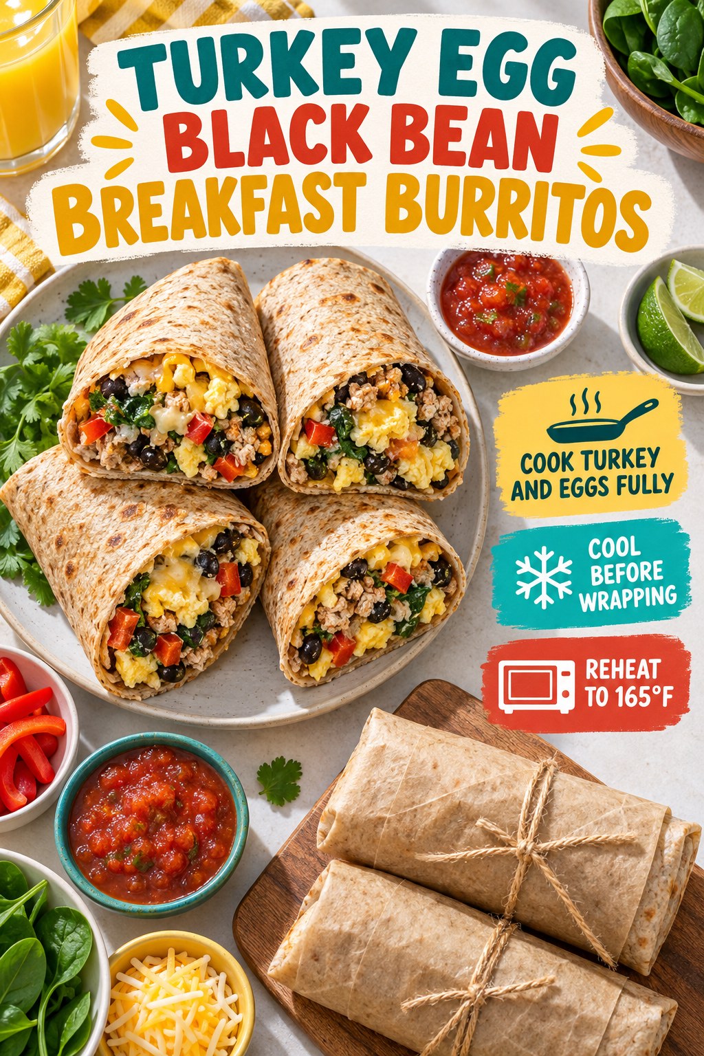 Turkey egg black bean breakfast burritos with peppers, spinach, cheese, salsa, and wrapped lunch portions