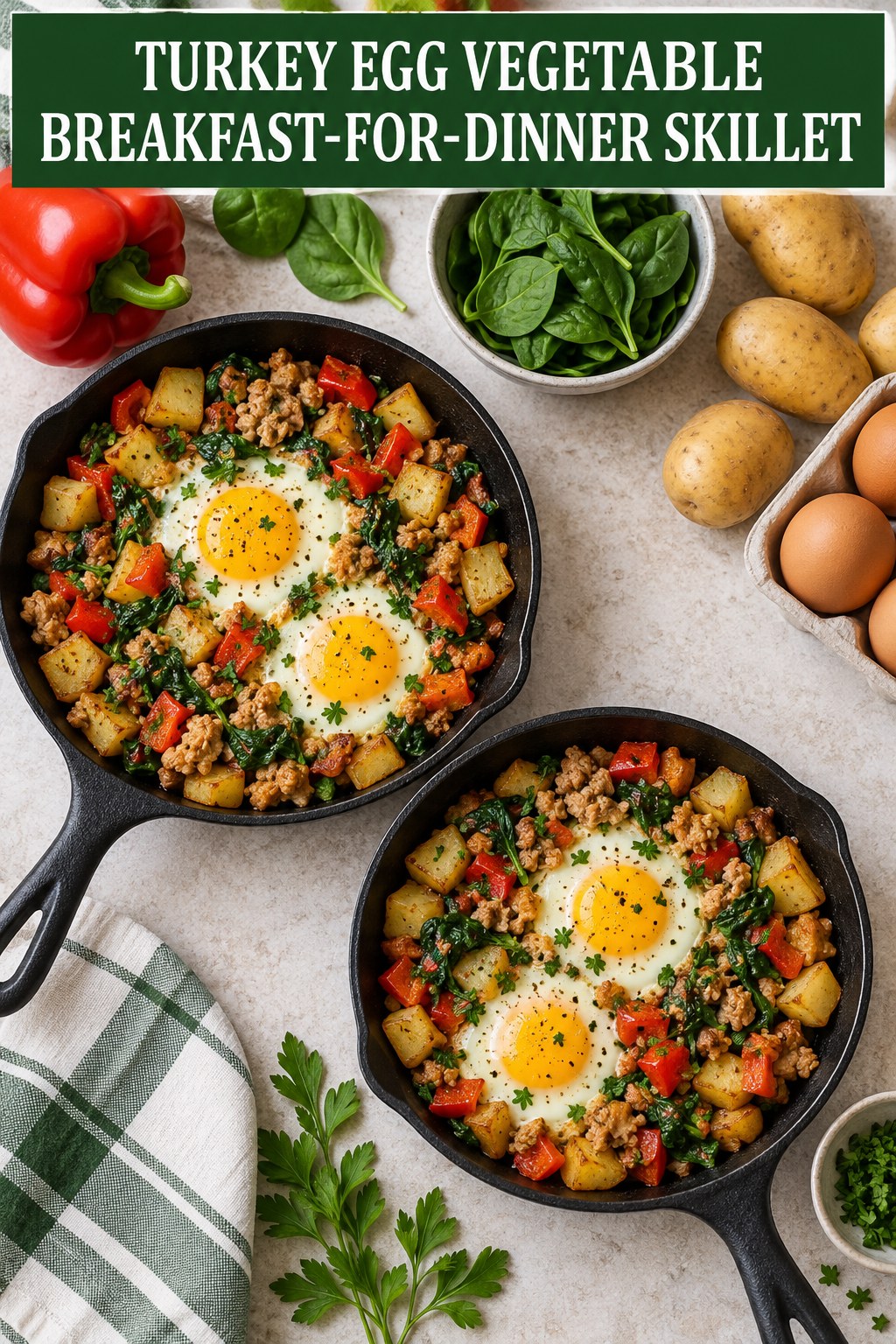 Two servings of turkey egg vegetable breakfast-for-dinner skillet made with turkey, eggs, and vegetables.