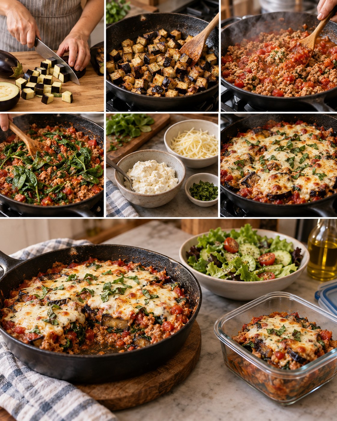 Turkey eggplant lasagna skillet with tomatoes, spinach, ricotta, melted mozzarella, herbs, and a side salad