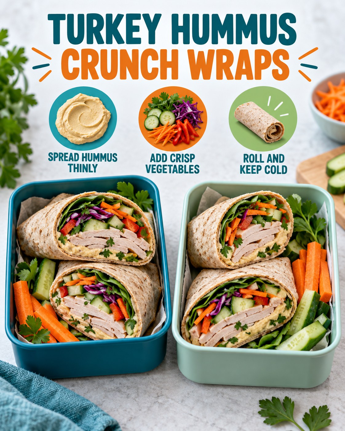 Turkey hummus crunch wraps with cabbage, cucumber, carrot, spinach, red pepper, parsley, and cold-packing reminders.