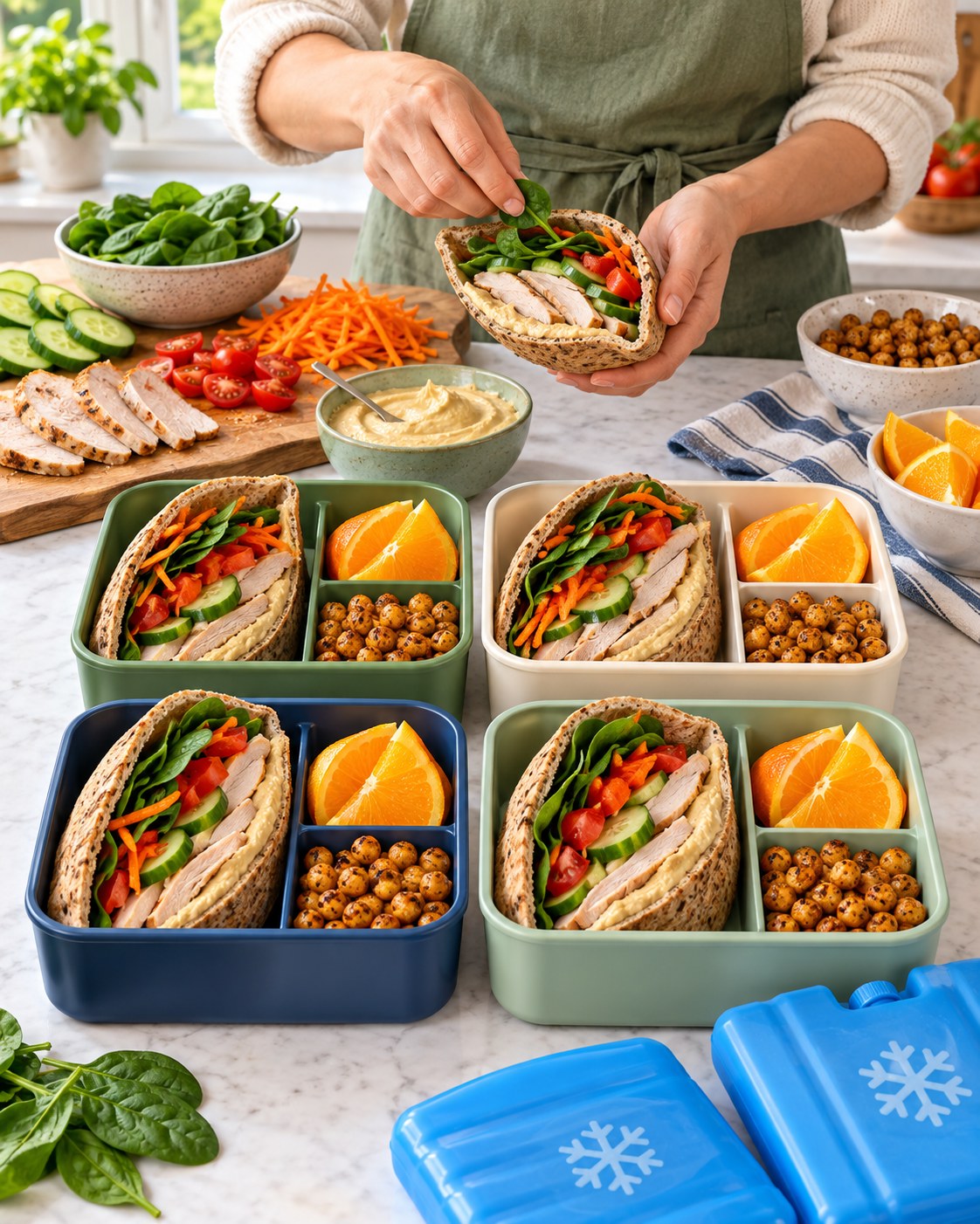 Hands filling whole-grain pita with turkey, hummus, cucumber, tomatoes, carrots, and spinach beside four lunch boxes