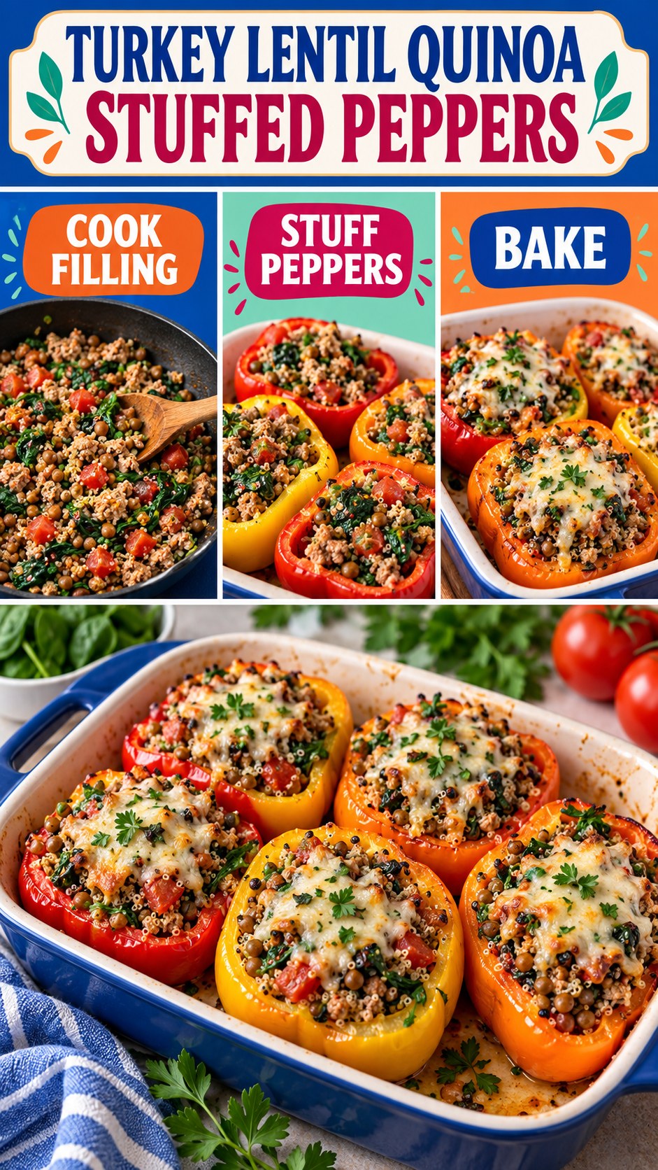 Colorful bell peppers filled with cooked turkey, lentils, quinoa, tomatoes, spinach, herbs, and melted cheese