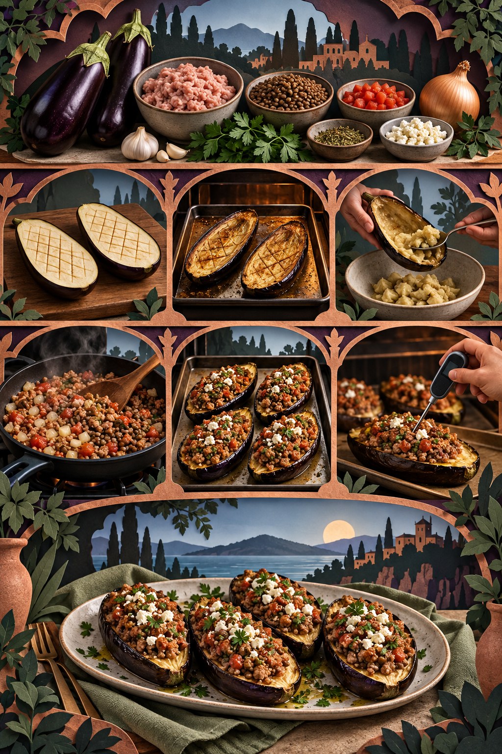 Vertical cut-paper theater infographic showing eggplants, turkey-lentil filling, roasting, stuffing, baking, temperature check, and four halves.