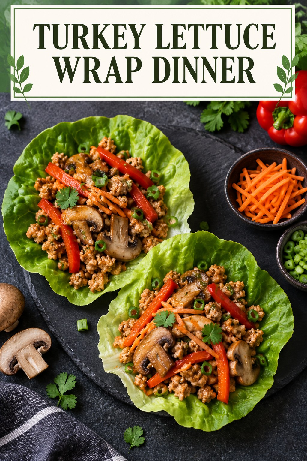 Two servings of turkey lettuce wrap dinner made with turkey, lettuce, and vegetables.