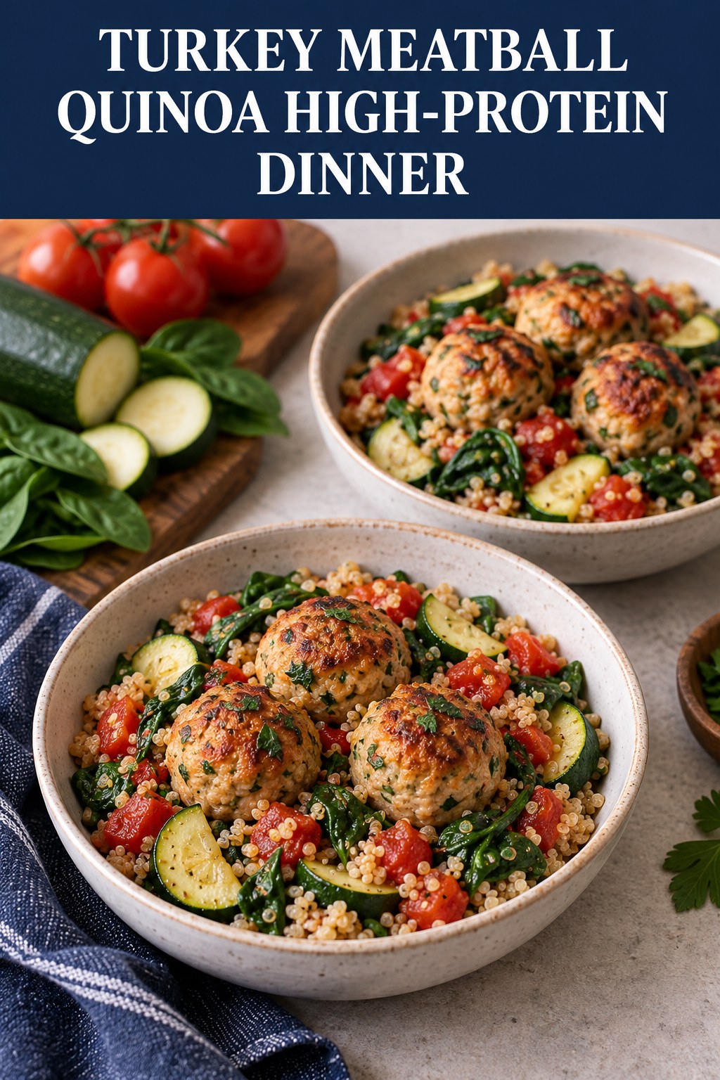 Two servings of turkey meatball quinoa high-protein dinner made with turkey, quinoa, and vegetables.