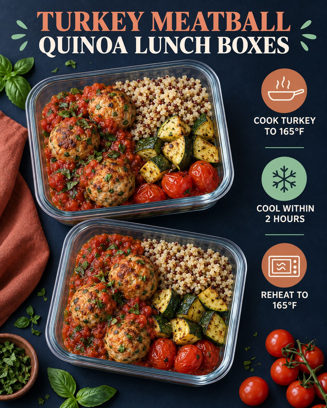 Two turkey meatball quinoa lunch boxes with tomato-herb sauce, roasted zucchini, cherry tomatoes, and food safety reminders