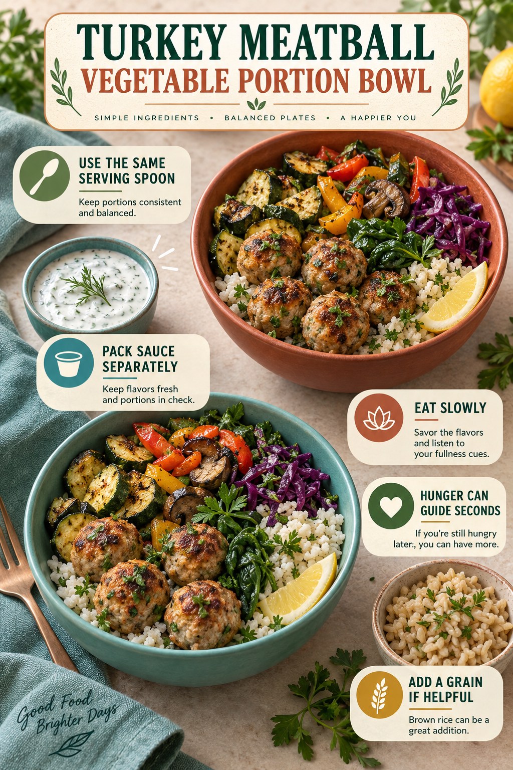 Turkey meatball bowls with zucchini, peppers, mushrooms, greens, cabbage, cauliflower rice, lemon, and yogurt sauce.