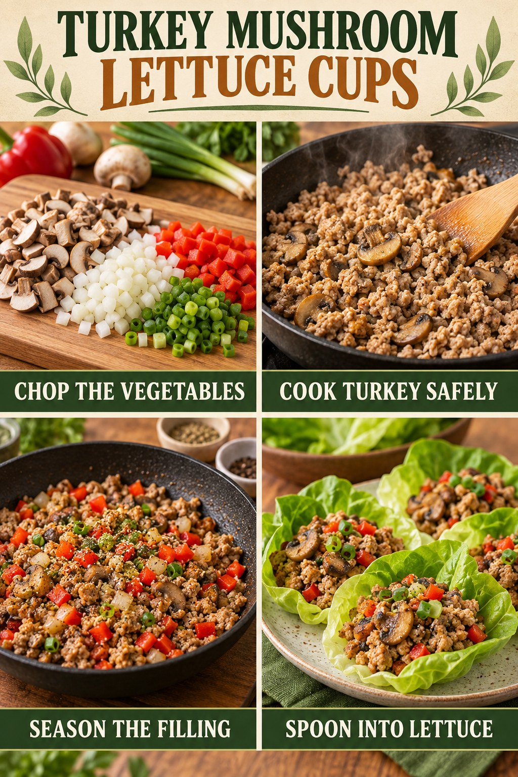 Turkey mushroom lettuce cup infographic showing chopped vegetables, safely cooked turkey, seasoned filling, and crisp lettuce cups.