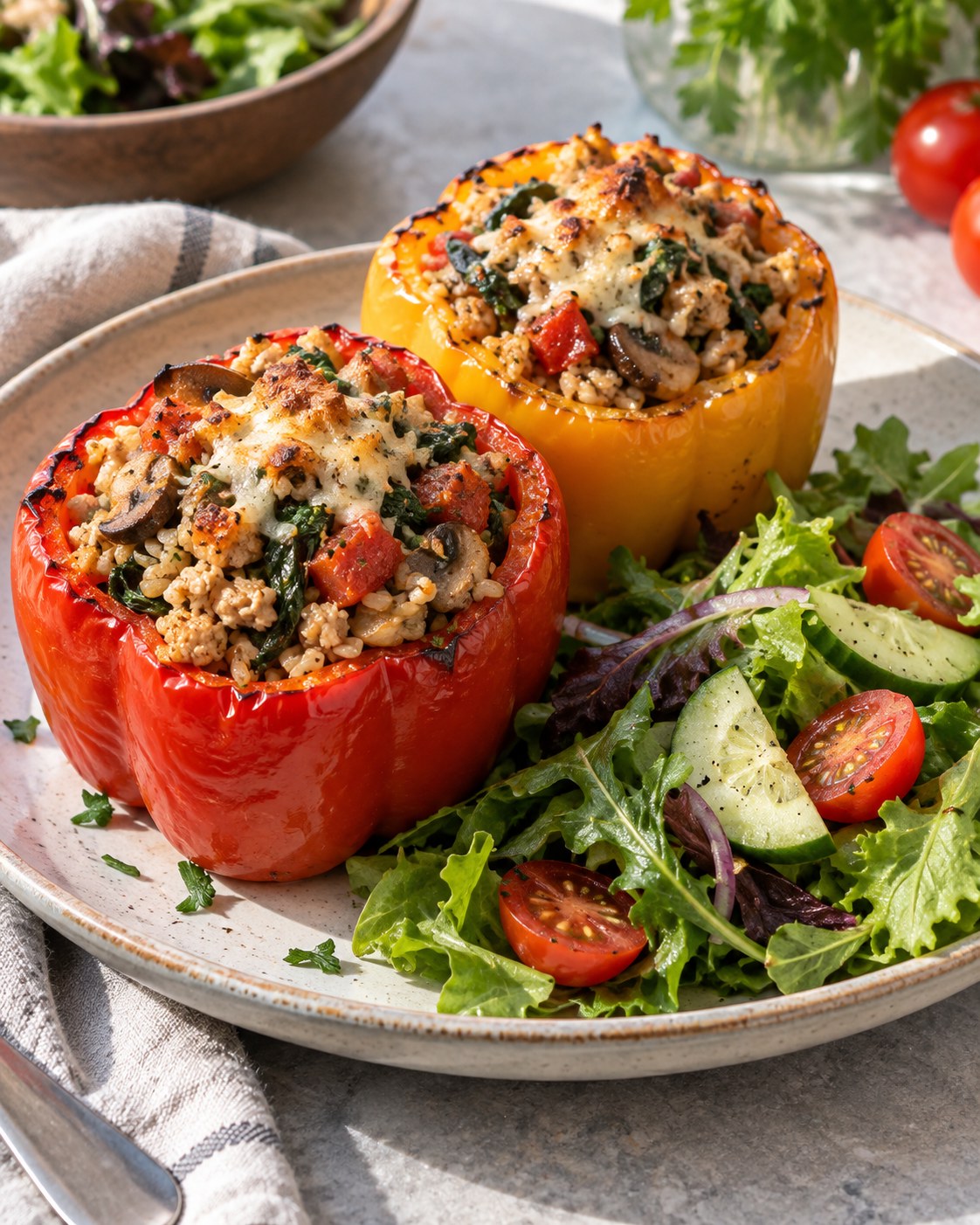 Red and yellow peppers stuffed with turkey, mushrooms, spinach, tomatoes, and brown rice beside green salad