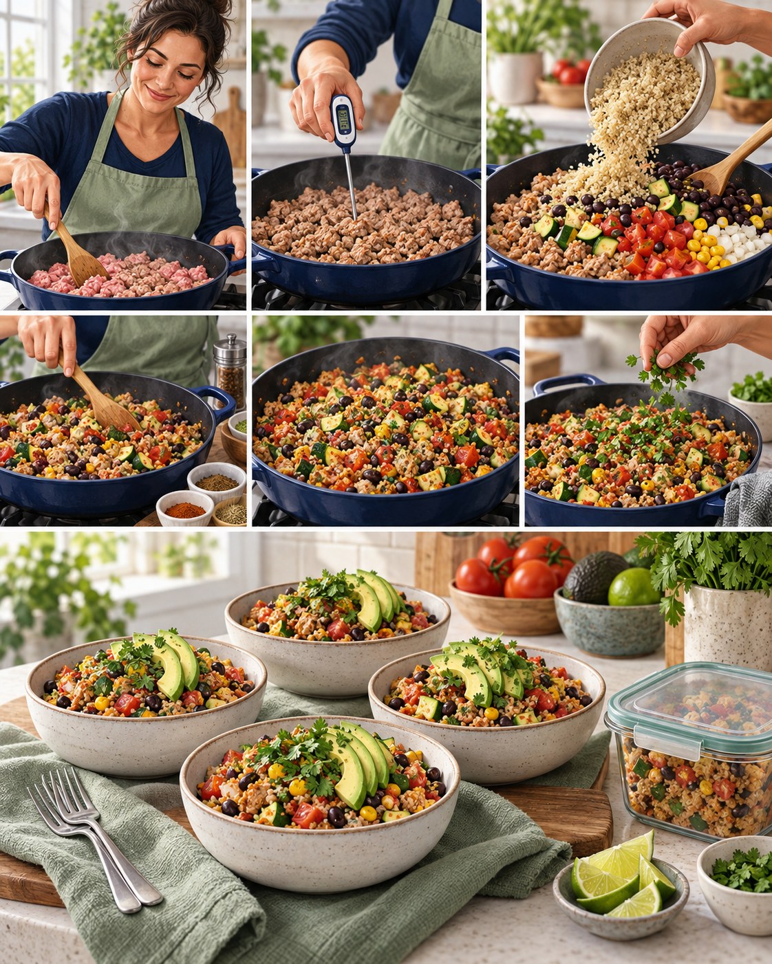 Woman cooking lean turkey, quinoa, black beans, zucchini, tomatoes, and corn and serving four bowls