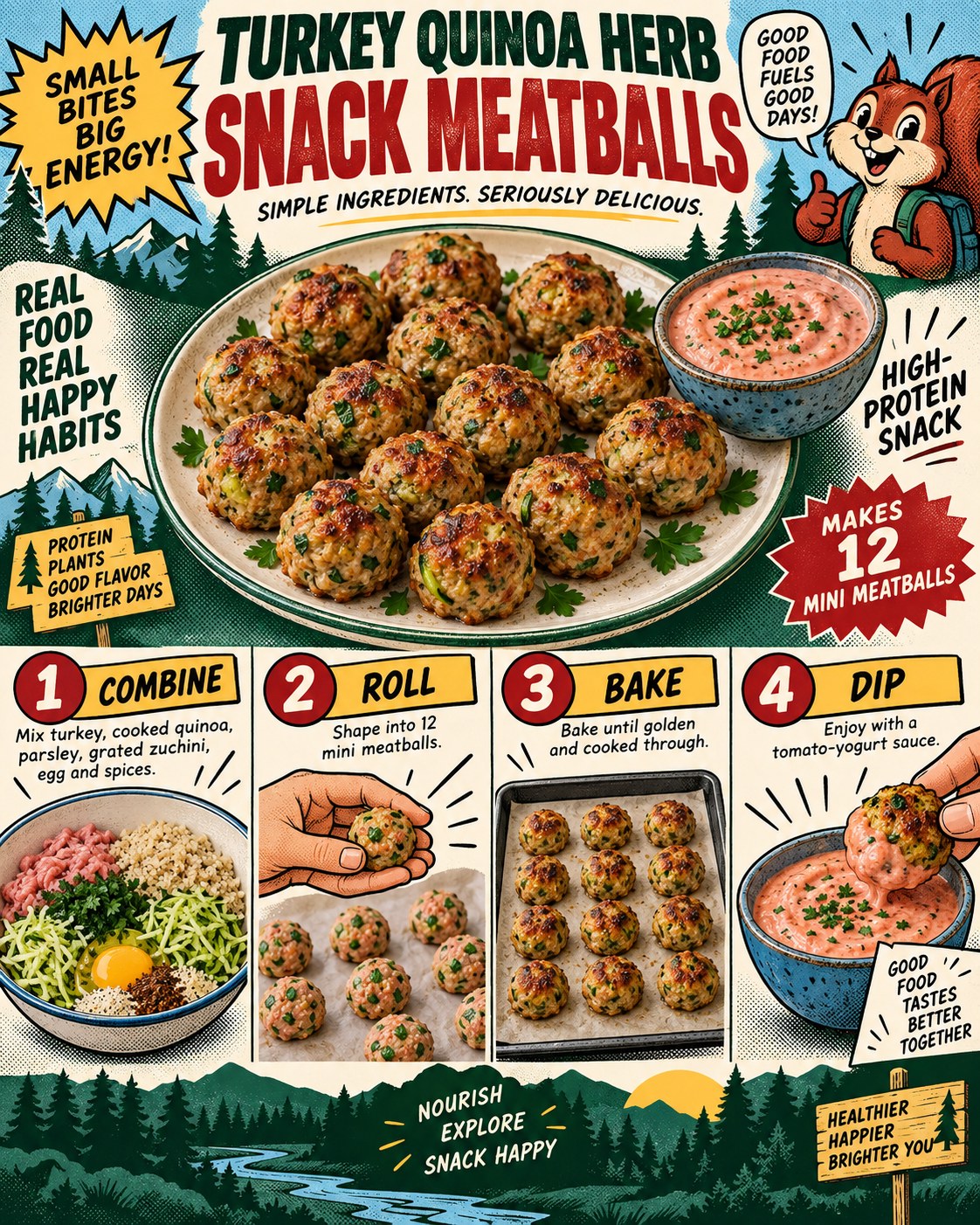 Forest green, brick red, mustard, powder blue, cream, and black comic infographic for turkey-quinoa snack meatballs.