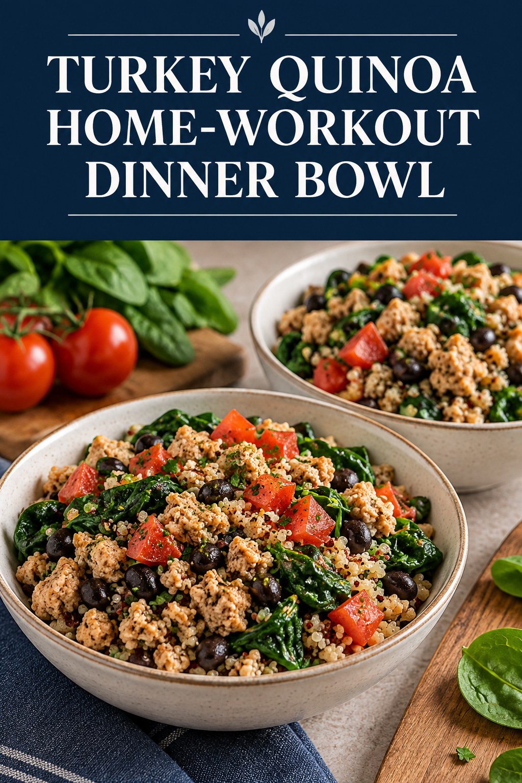 Two servings of turkey quinoa home-workout dinner bowl made with turkey, quinoa, and vegetables.
