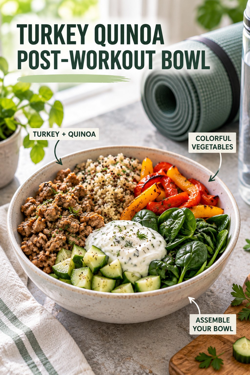 Turkey quinoa post-workout bowl with peppers, spinach, cucumber, and yogurt sauce