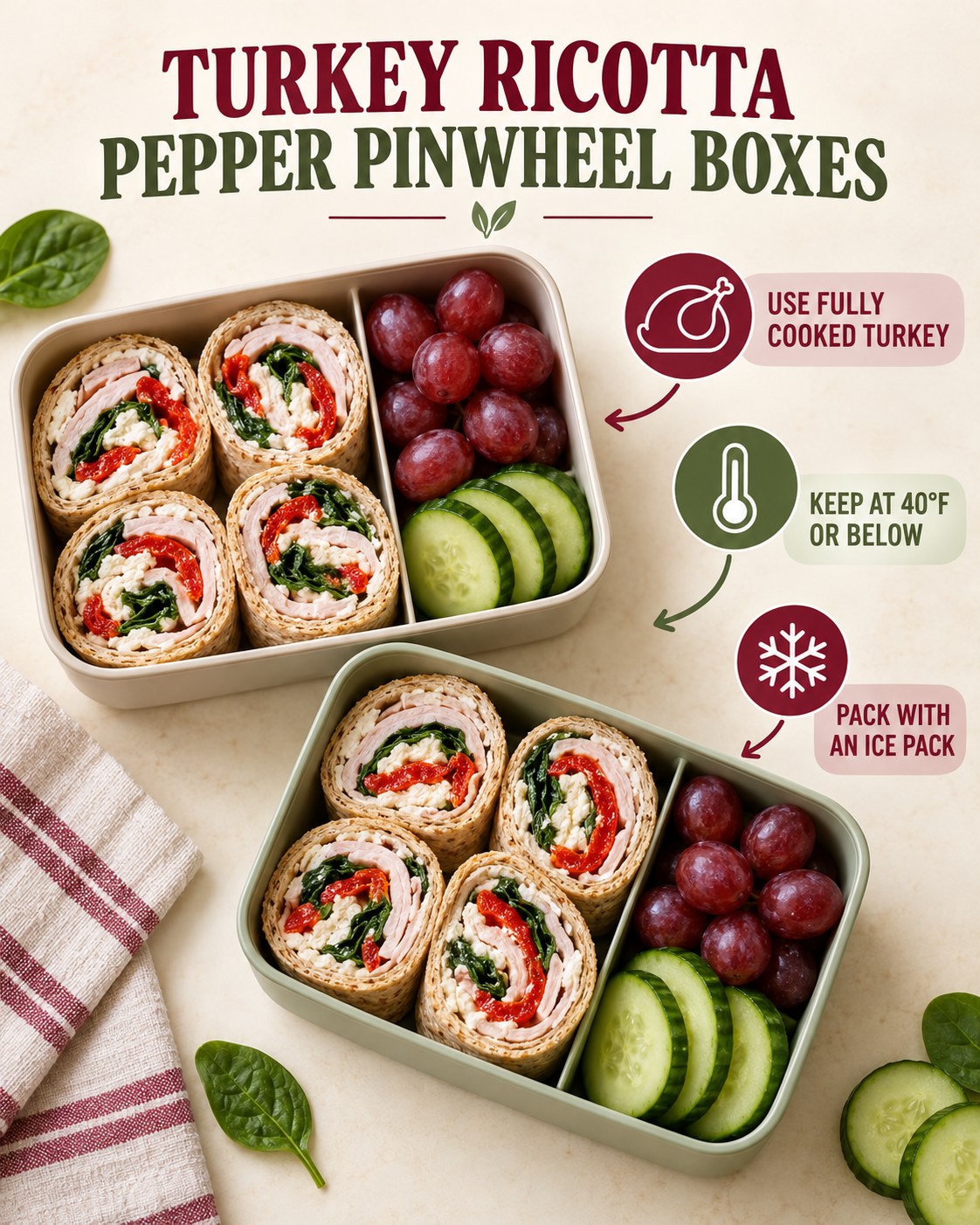 Two lunch boxes with turkey ricotta spinach roasted pepper pinwheels, grapes, cucumber, and chilling reminders