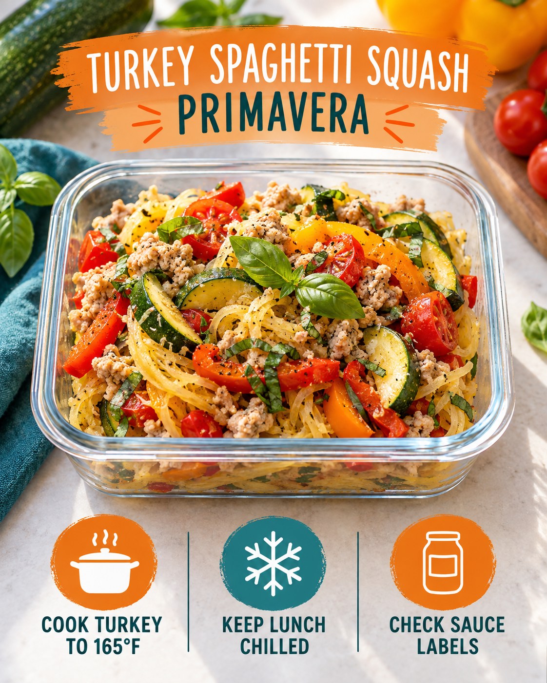 Turkey spaghetti squash primavera with zucchini, bell pepper, tomatoes, and basil