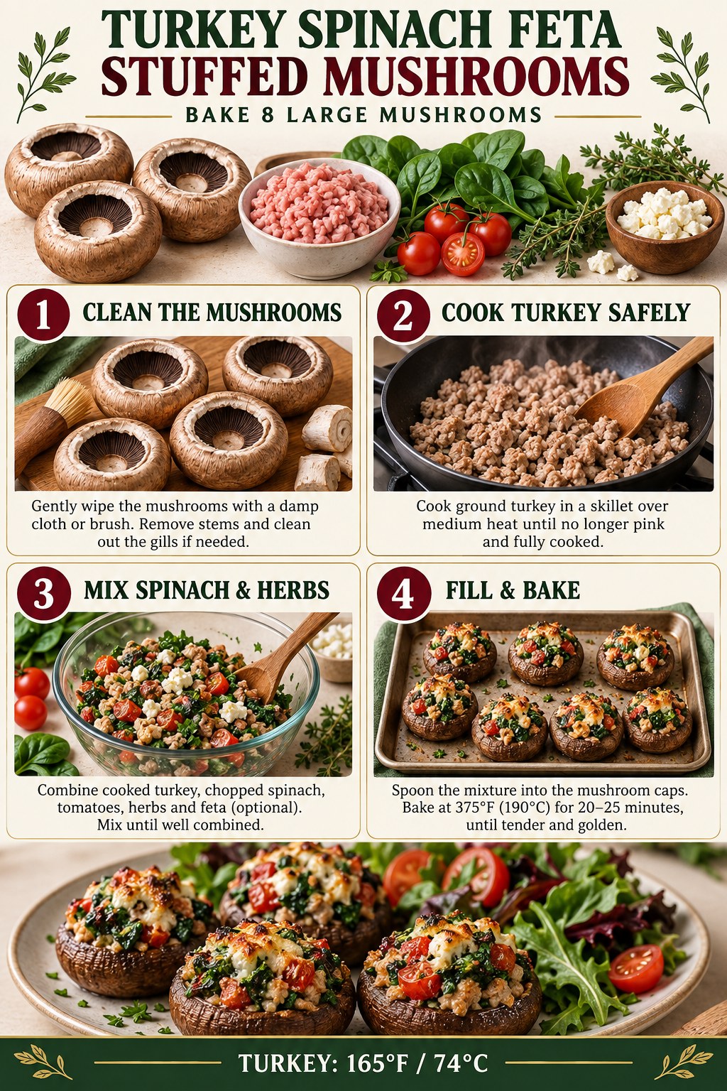 Portobello mushrooms filled with turkey, spinach, herbs, and crumbled feta.