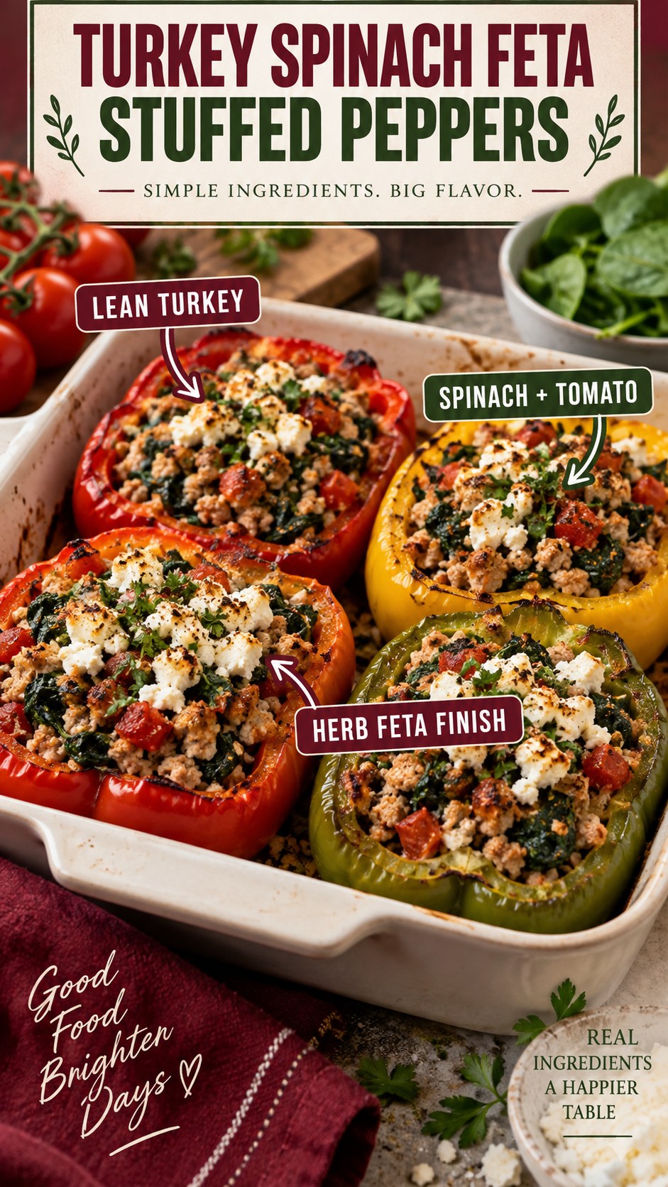 Burgundy and green infographic showing bell peppers filled with turkey, spinach, tomato, herbs, and feta