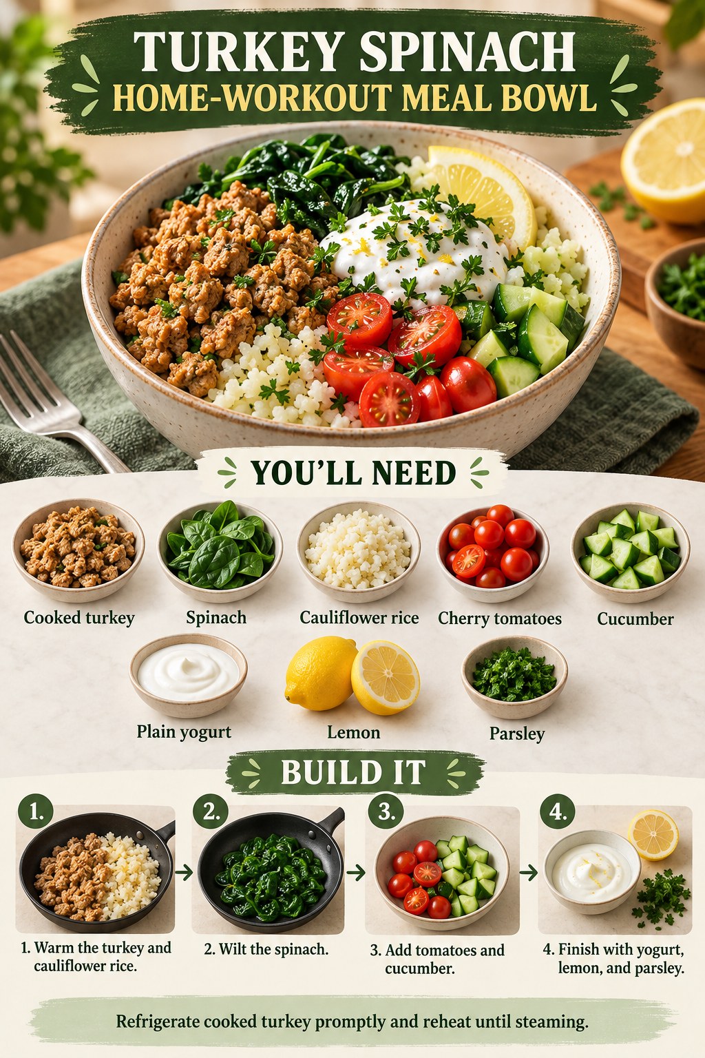 Turkey spinach meal bowl with cauliflower rice, tomatoes, cucumber, yogurt, lemon, and parsley beside home-workout gear.
