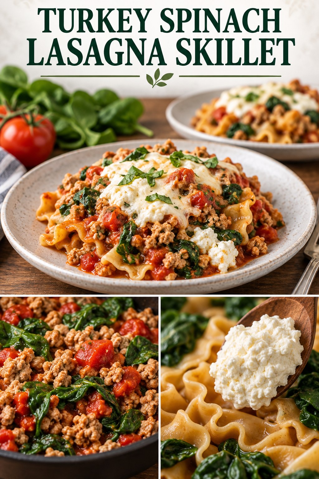 Two servings of turkey spinach lasagna skillet made with turkey, whole-grain pasta, and vegetables.