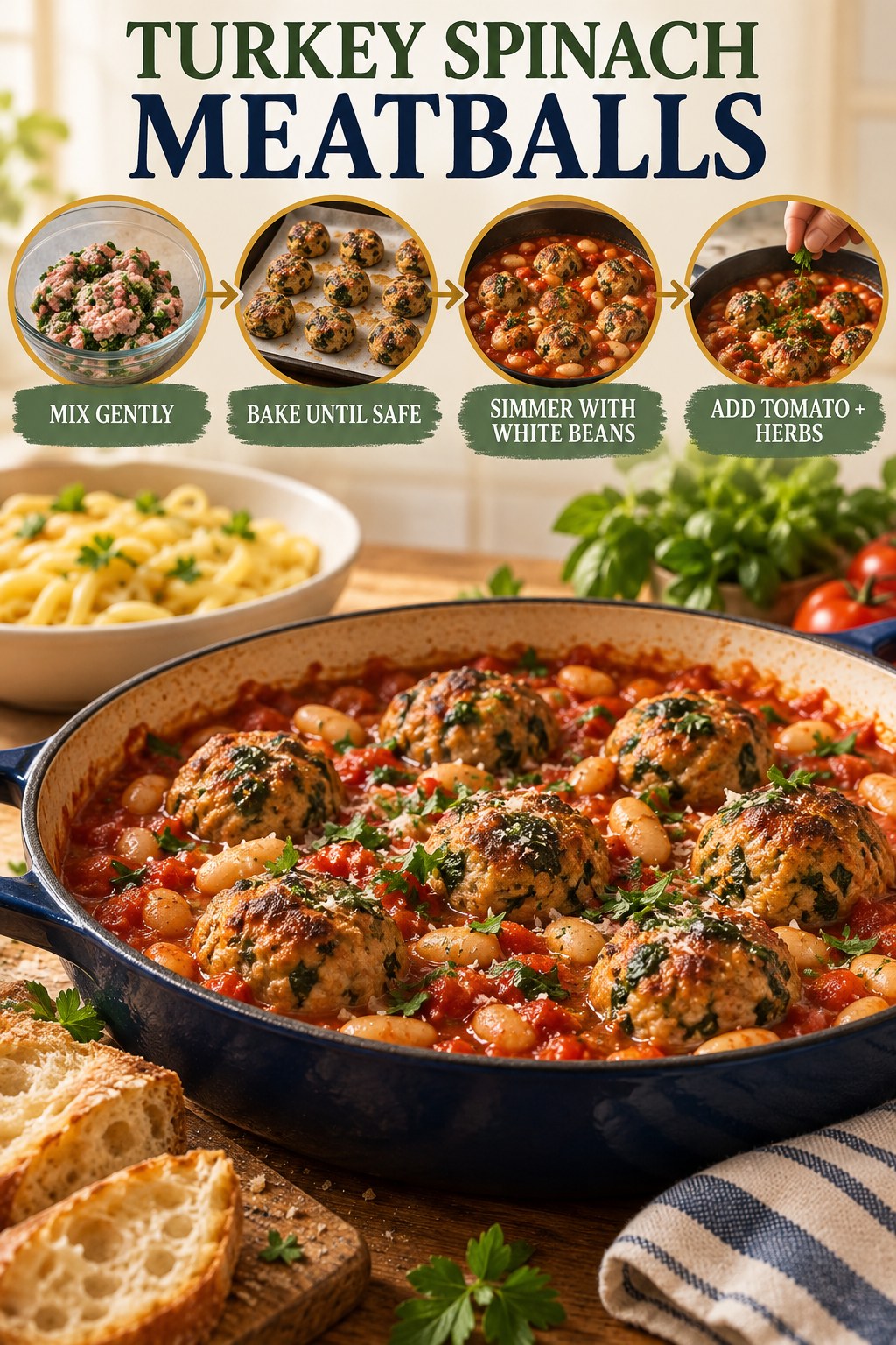Turkey spinach meatball infographic showing gentle mixing, baking, white beans and tomato sauce, herbs, and a finished skillet.