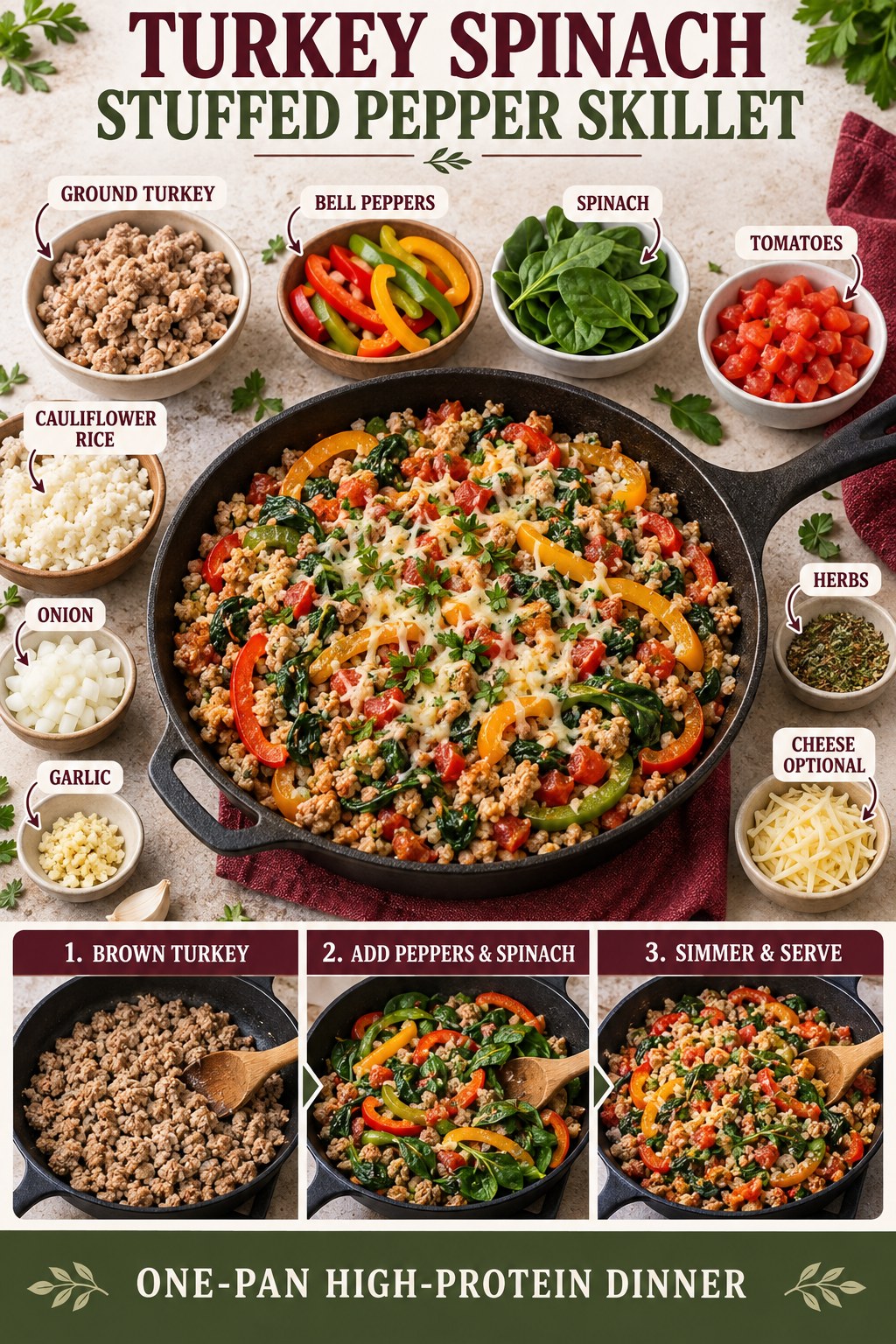 Turkey skillet with bell peppers, spinach, tomatoes, cauliflower rice, onion, garlic, herbs, and optional cheese.