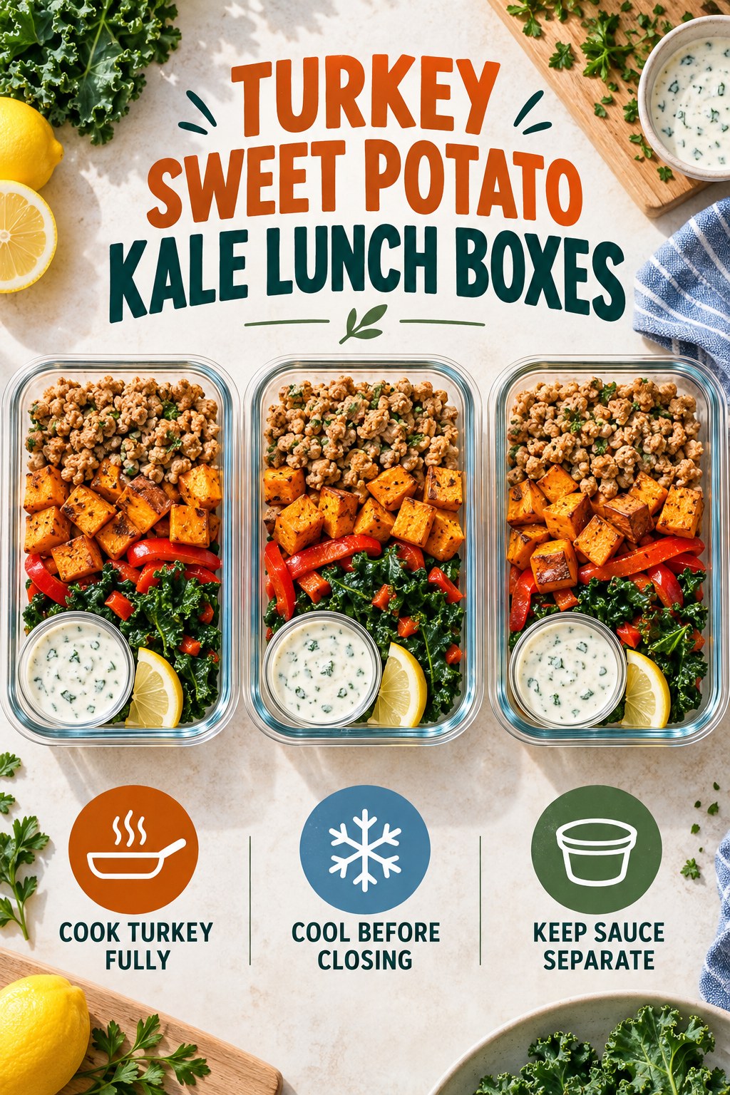 Three turkey sweet potato and kale lunch boxes with red peppers and separate lemon-herb yogurt sauce