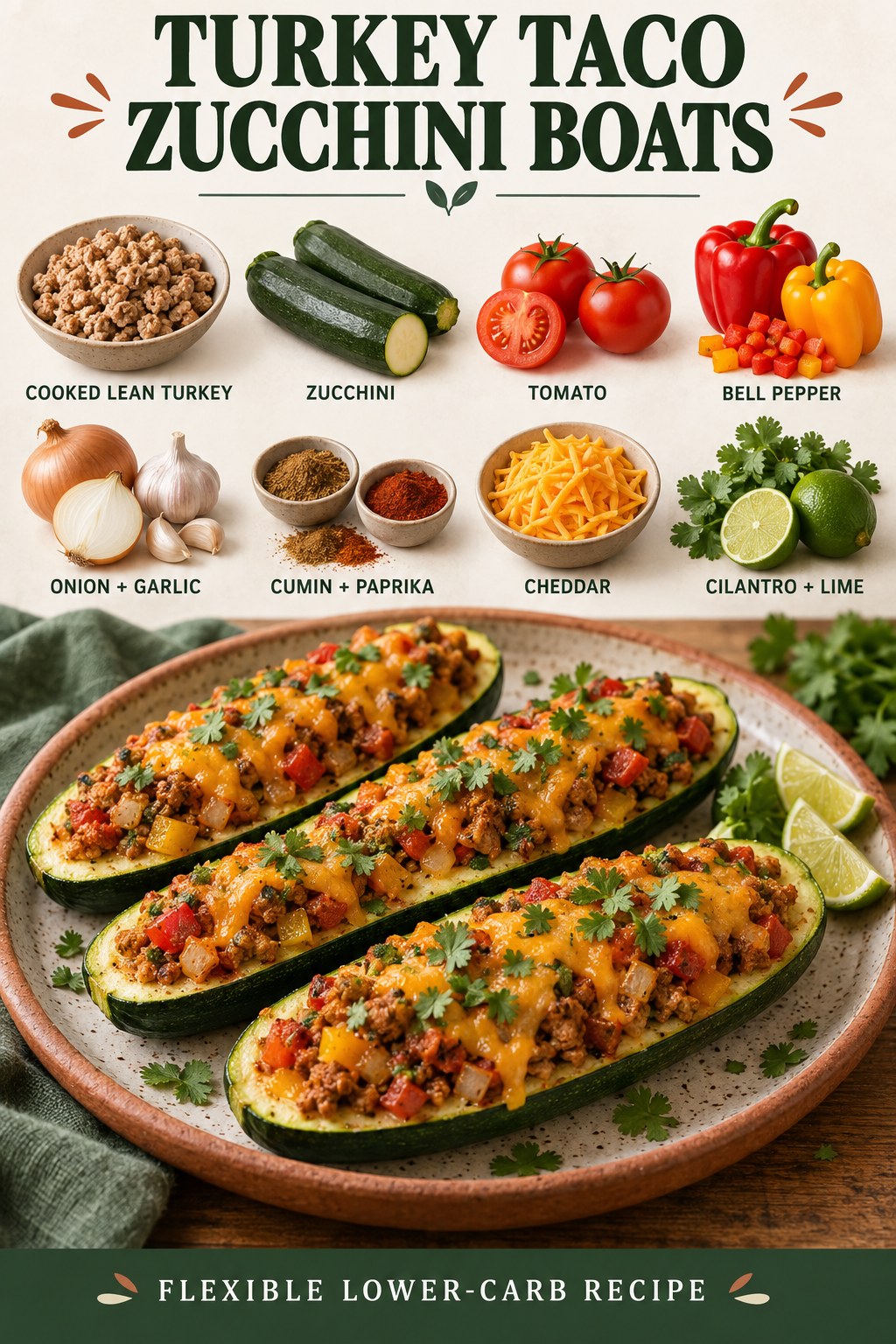 Turkey taco zucchini boats with tomato, bell pepper, cheddar, cilantro, and lime