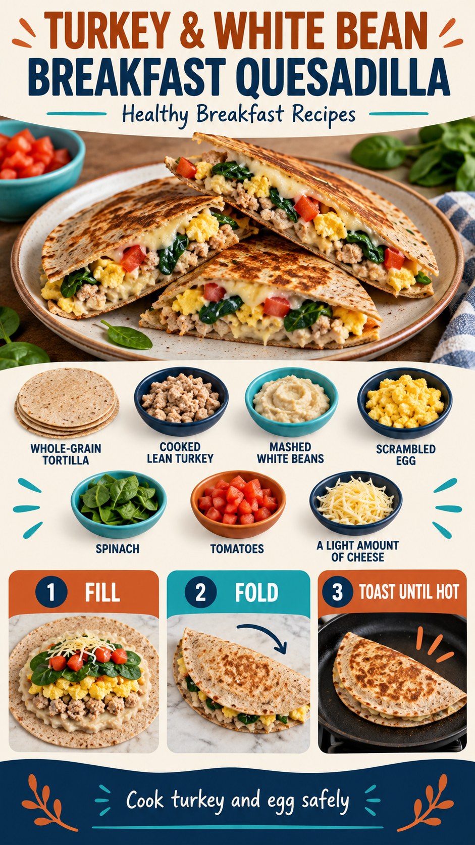 Orange and navy infographic showing a whole-grain quesadilla filled with cooked turkey, white beans, egg, spinach, tomatoes, and cheese