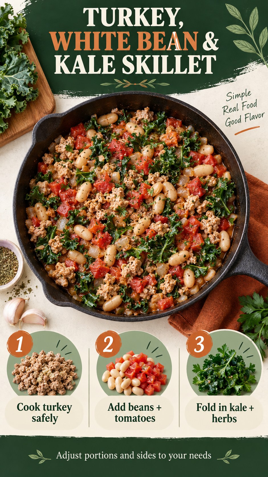 Forest green infographic showing a turkey, white bean, tomato, and kale skillet with three cooking steps