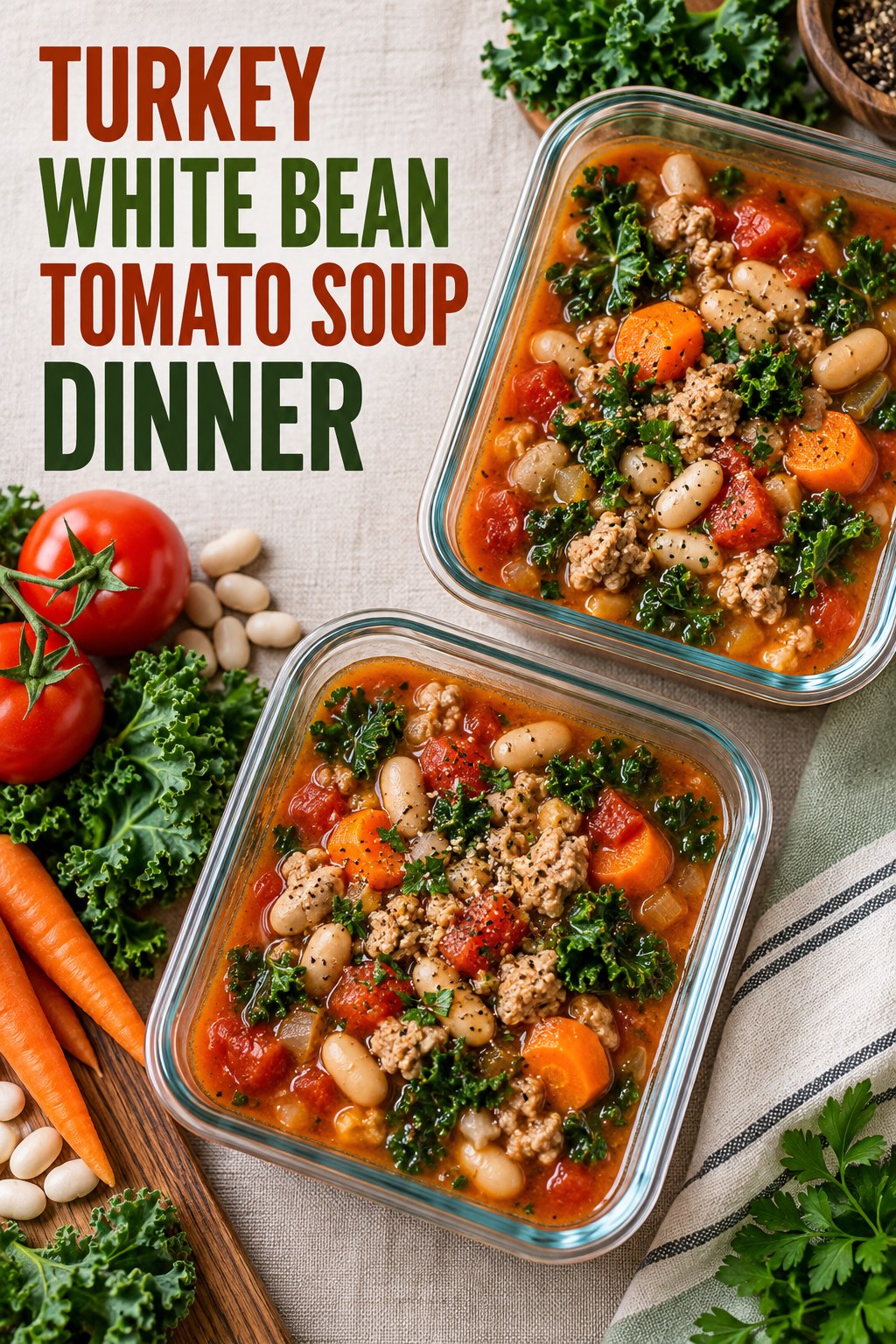 Two servings of turkey white bean tomato soup dinner made with turkey, white beans, and vegetables.