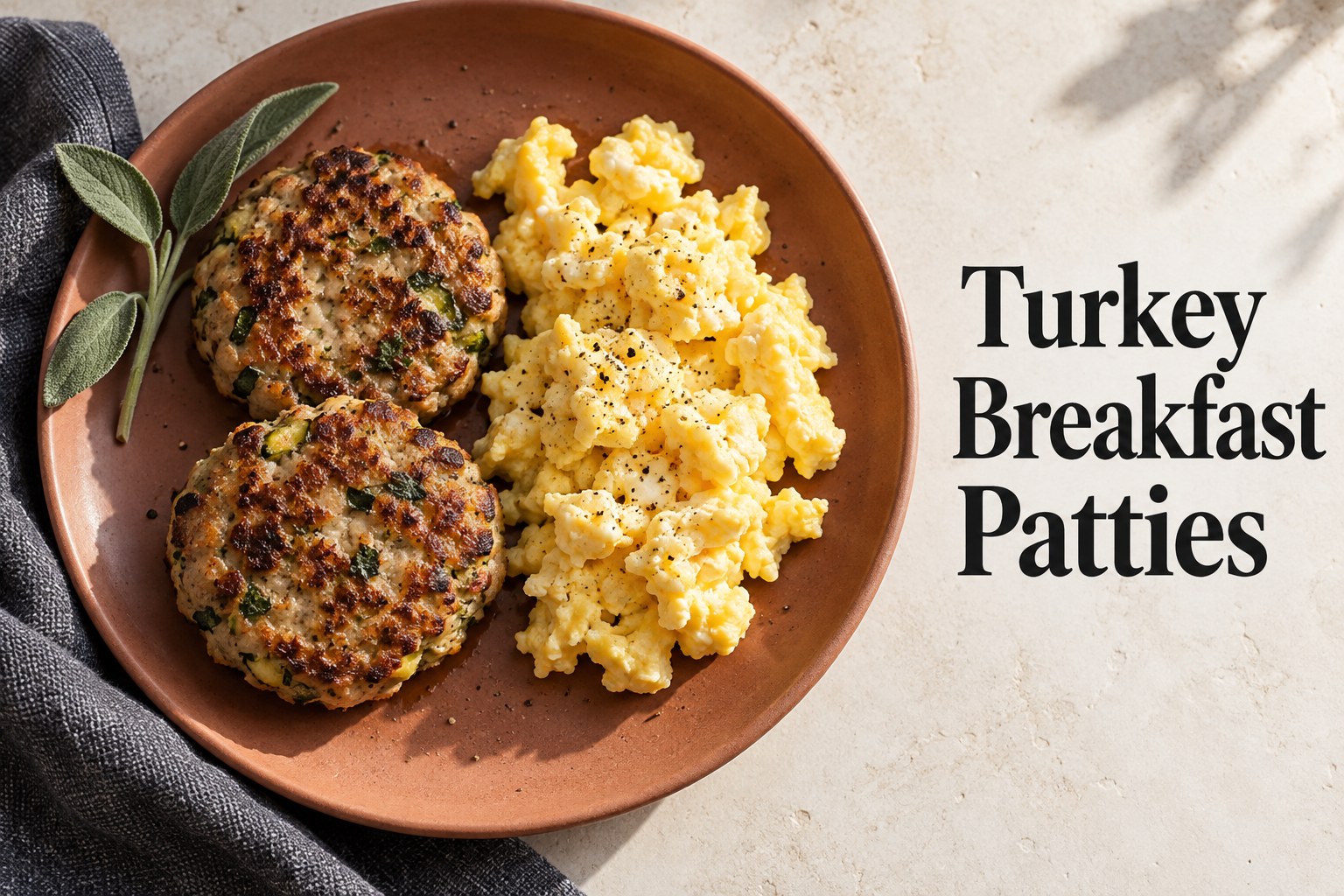 Two turkey zucchini breakfast patties with fully cooked scrambled eggs beside the words Turkey Breakfast Patties.