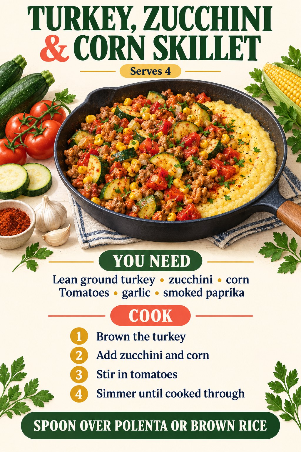 Turkey zucchini and corn skillet recipe infographic with four steps