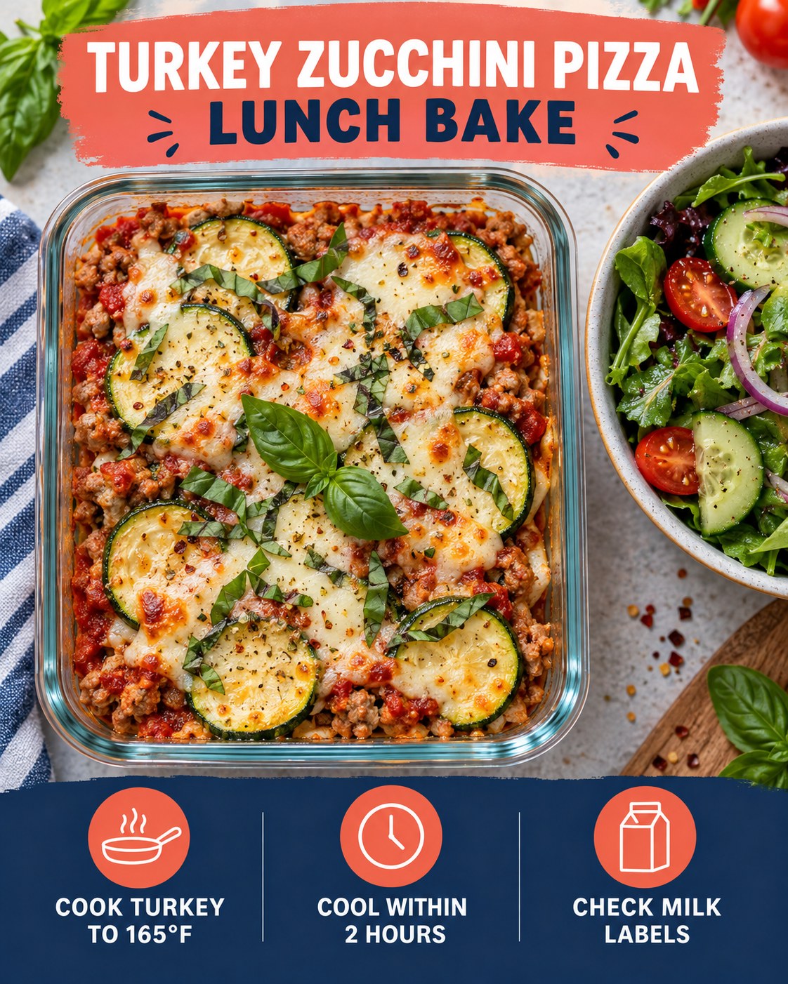 Turkey zucchini pizza lunch bake with tomato sauce, mozzarella, basil, and a side salad