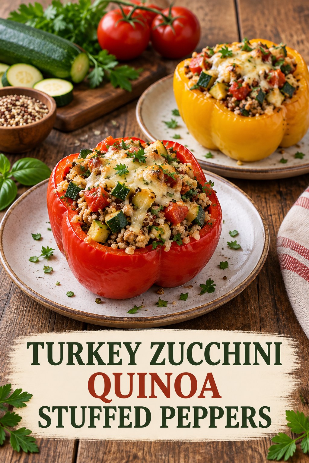 Two servings of turkey zucchini quinoa stuffed peppers made with turkey, quinoa, and vegetables.