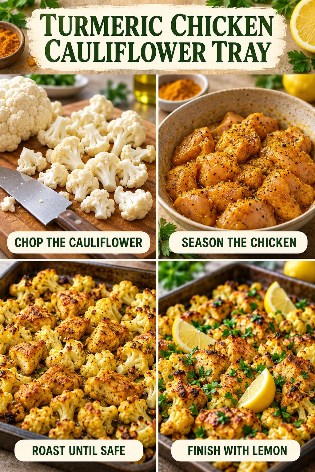 Turmeric chicken cauliflower tray infographic showing chopped cauliflower, seasoned chicken, safe roasting, lemon, and herbs.