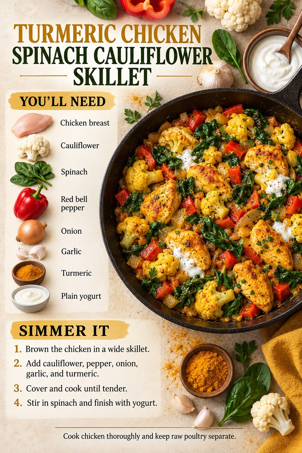 Turmeric chicken spinach cauliflower skillet with red bell pepper, onion, garlic, and yogurt.