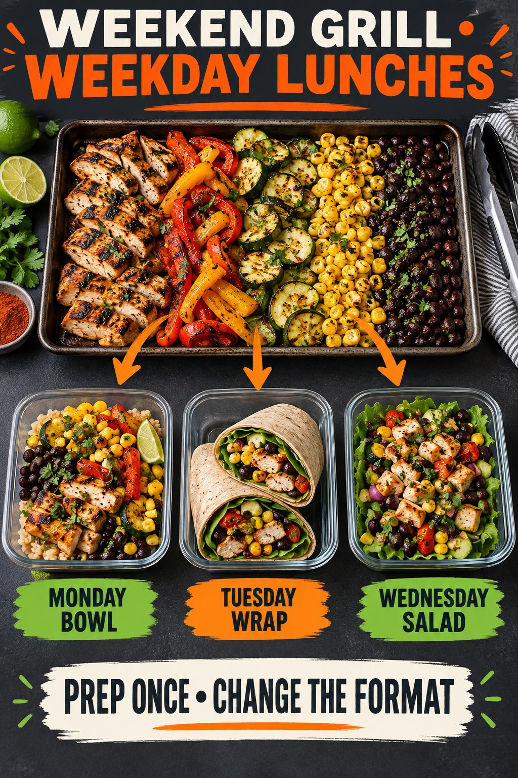 Charcoal and orange meal-prep visual showing grilled foods transformed into a Monday bowl, Tuesday wrap, and Wednesday salad.
