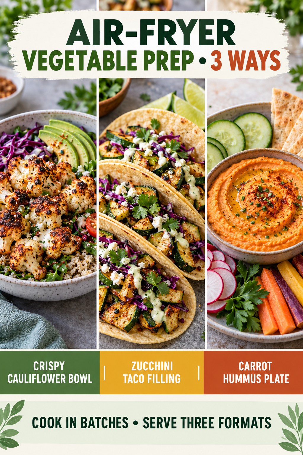 Portrait infographic featuring a cauliflower bowl, zucchini taco filling, and a carrot hummus plate.