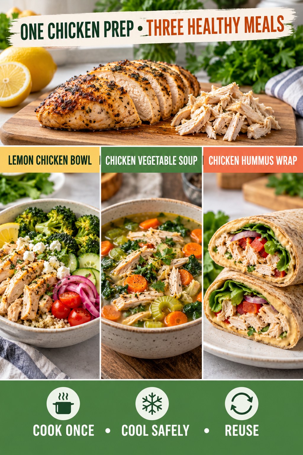 Cooked chicken reused in lemon bowl, vegetable soup, and hummus wrap.