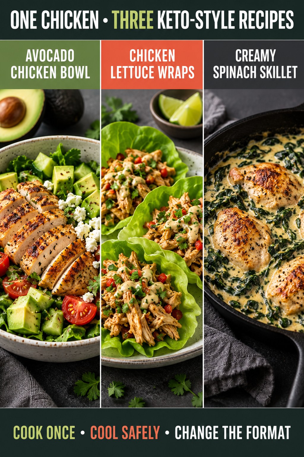 Cooked chicken reused in avocado bowl, lettuce wraps, and creamy spinach skillet keto-style recipes.
