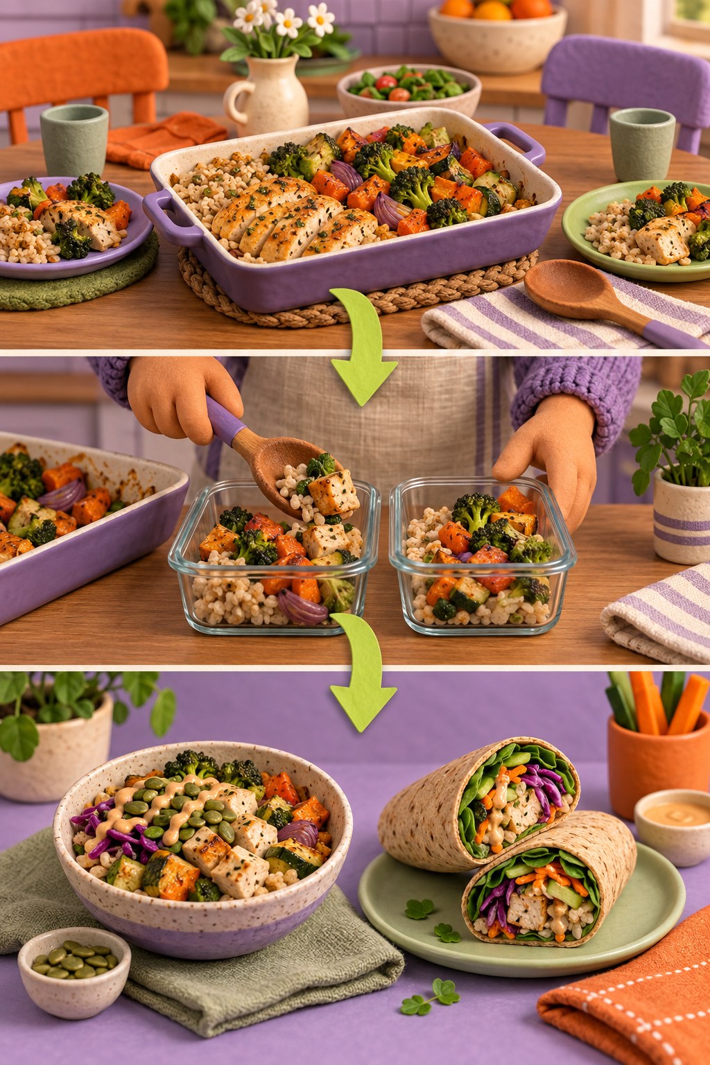 Claymation-style sequence showing a dinner tray portioned into glass containers and transformed into two different lunches.