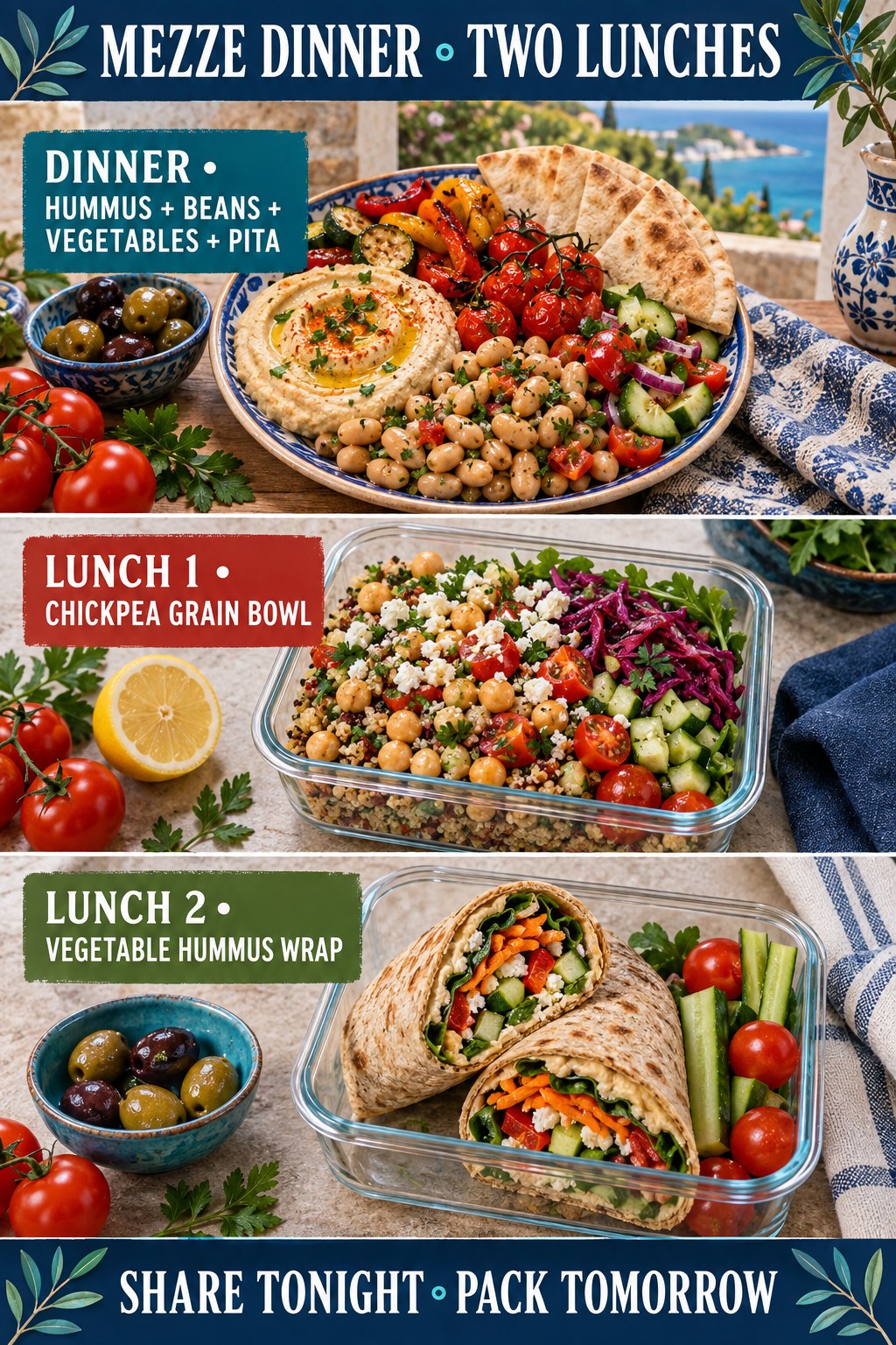 Mediterranean mezze dinner followed by chickpea grain bowl and vegetable hummus wrap lunches.