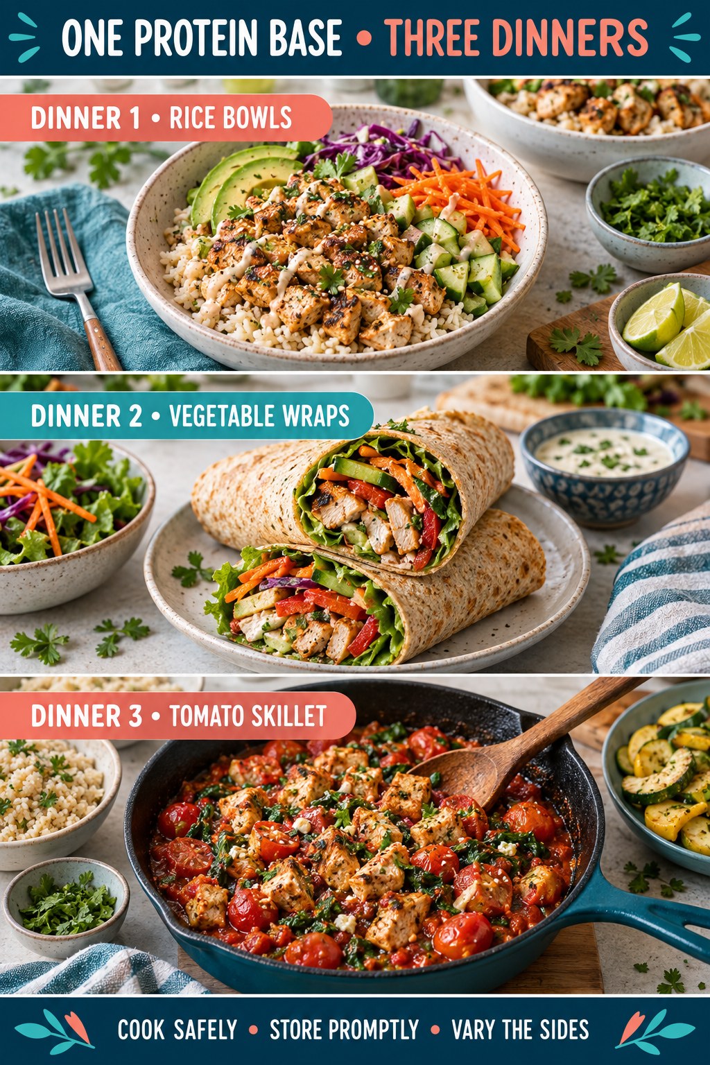 One protein base transformed into rice bowls, vegetable wraps, and a tomato skillet.