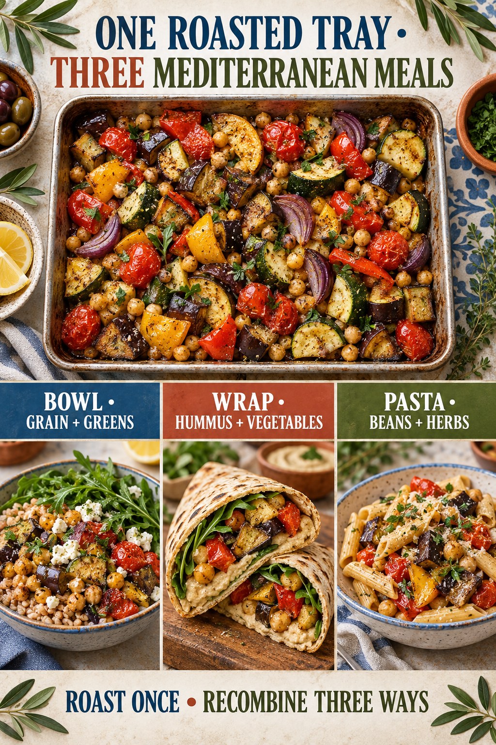Roasted Mediterranean vegetables and chickpeas reused in a bowl, hummus wrap, and pasta meal.